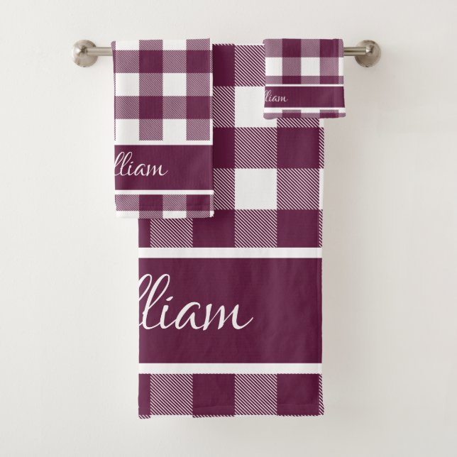 Modern Plum Burgundy Buffalo Checks Script Name Bath Towel Set (Insitu)