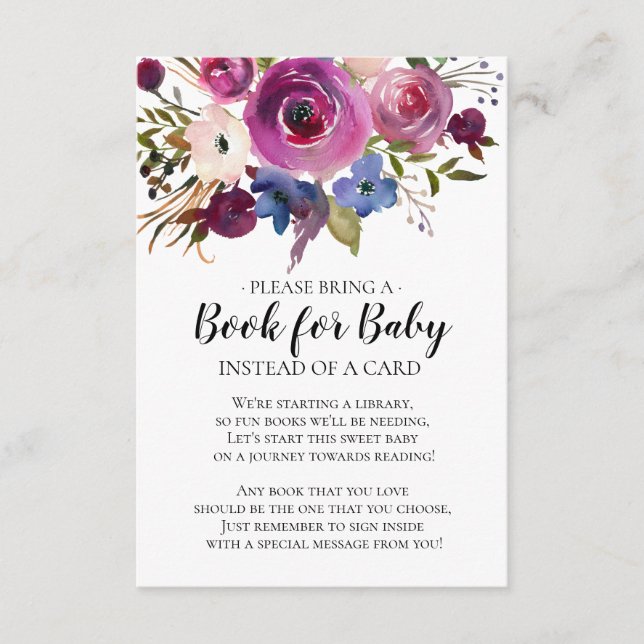 Modern Plum Floral Baby Shower Book for Baby Enclosure Card (Front)