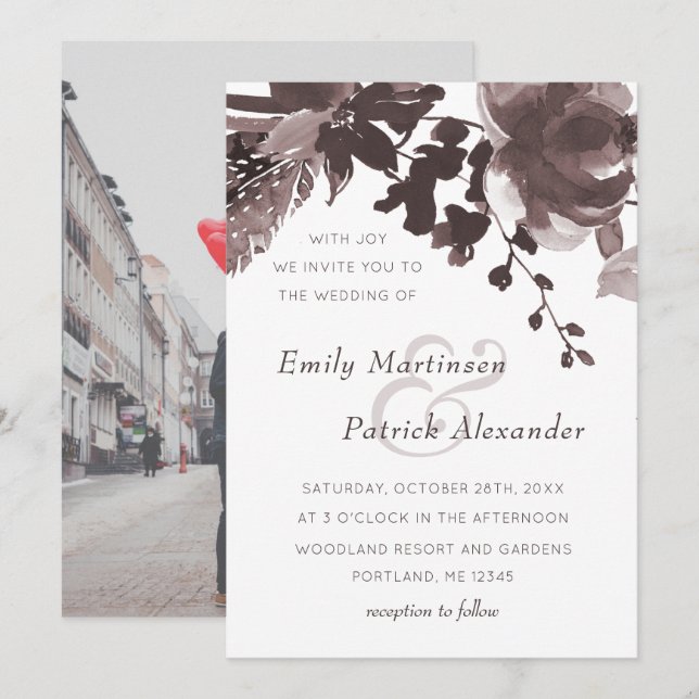 Modern Plum Floral Wedding Photo Invitation (Front/Back)