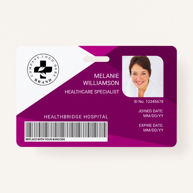 Modern Plum Geometric Design Medical Photo ID/Logo Badge (Front)