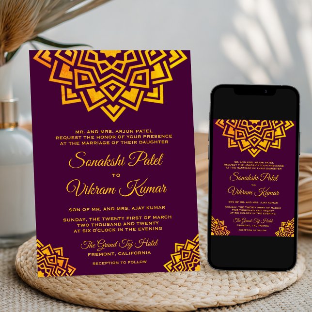 Modern Plum Gold Mandala Indian Wedding Invitation (Creator Uploaded)
