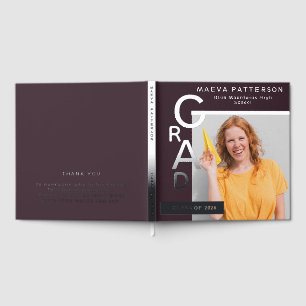Modern Plum Graduation Photo Silver Guest Book