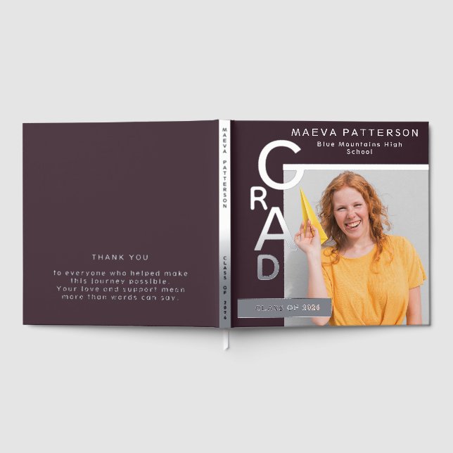 Modern Plum Graduation Photo Silver Guest Book (Full)