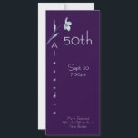 Modern Plum Noir Vertical Floral 50th Birthday Invitation<br><div class="desc">Modern Plum Noir Vertical Floral 50th Birthday Invitation. Celebrate a landmark milestone with this bold and vibrant 50th birthday invitation. The design features a striking purple background contrasted with a single, delicate blue flower stem and unique vertical lettering. This slim tea-length card is ideal for a modern woman's birthday dinner...</div>