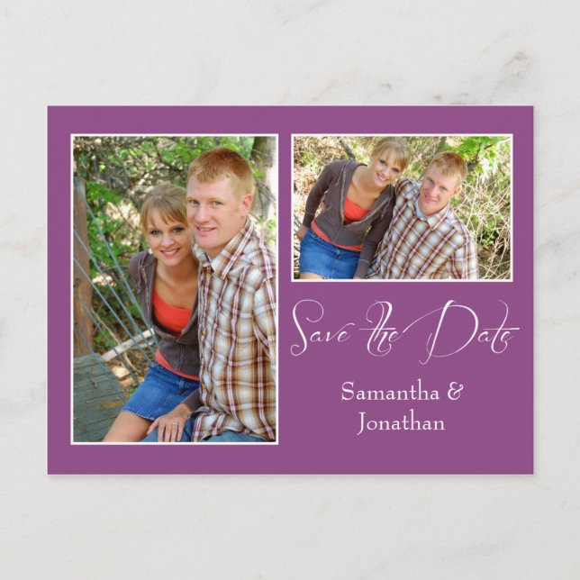 Modern Plum Photo Collage Save The Date Announcement Postcard (Front)
