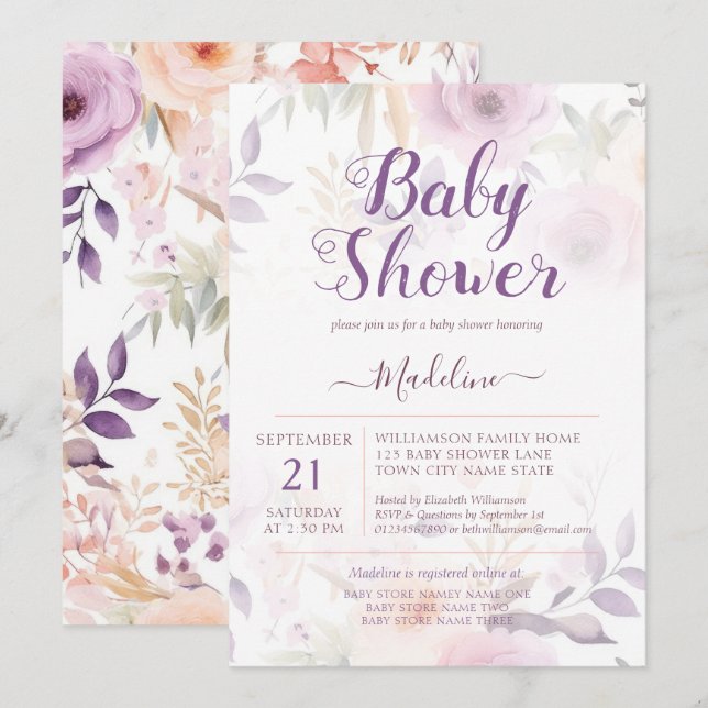 Modern Plum Purple Floral Baby Shower Invitation (Front/Back)