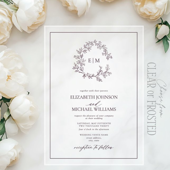 Modern Plum Purple Leafy Crest Monogram Wedding Acrylic Invitations (Creator Uploaded)
