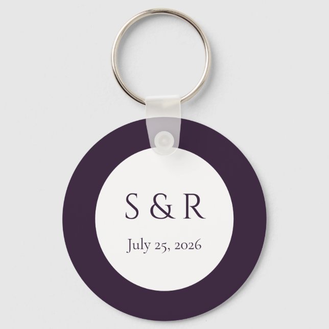 Modern Plum Purple Minimal Monogram Wedding Favour Keychain (Front)
