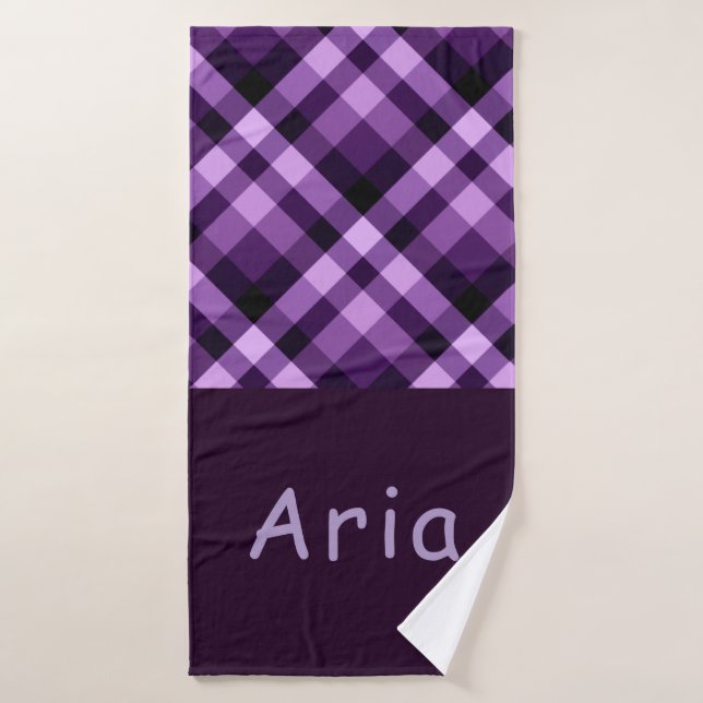Modern Plum Purple Plaid Monogram Bath Towel (Bath Towel)