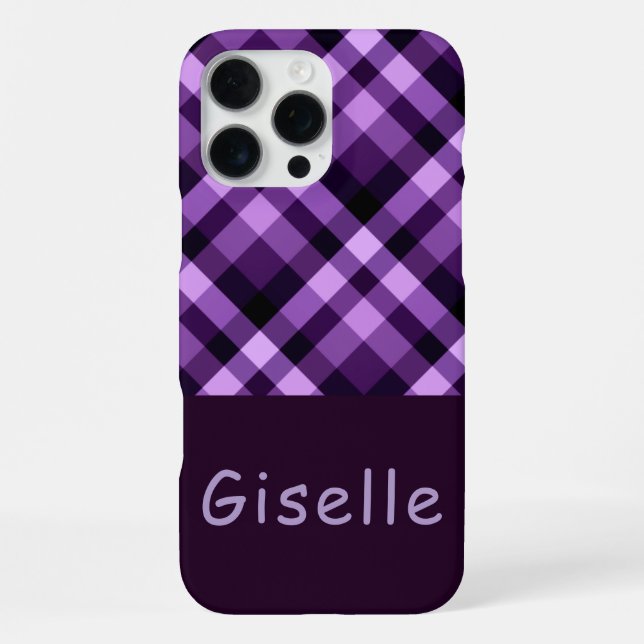 Modern Plum Purple Plaid Monogram Phone Case (Back)