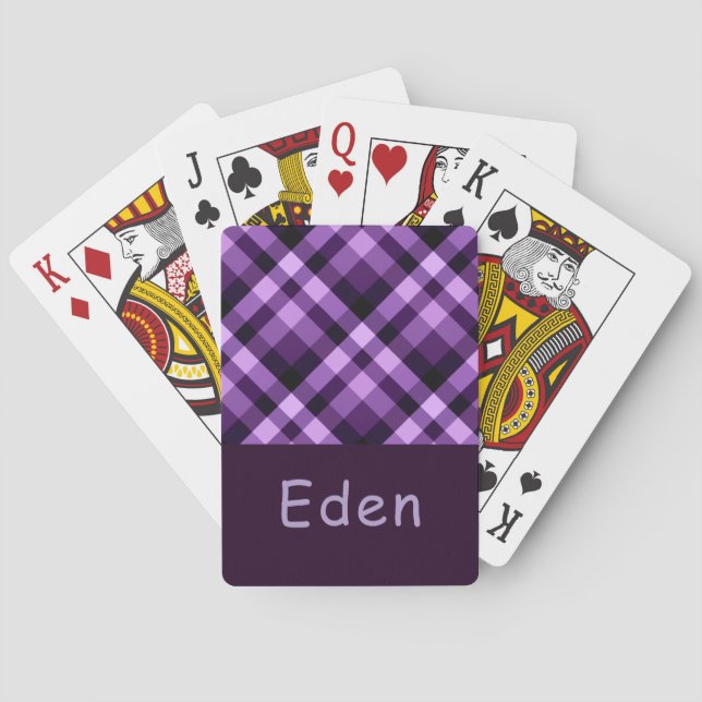 Modern Plum Purple Plaid Monogram Playing Cards (Back)