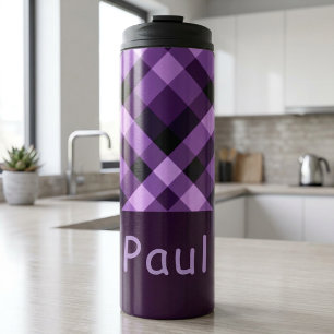 Modern Plum Purple Plaid Monogram Thermal Tumbler