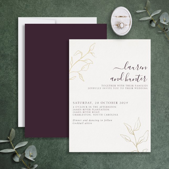 Modern Plum Purple Script Botanical Wedding Gold  (Creator Uploaded)