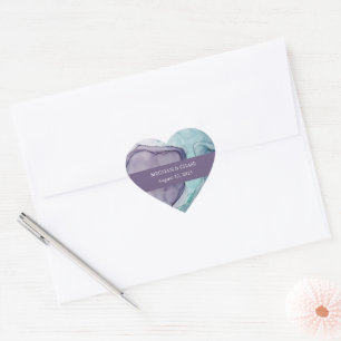 Modern Plum Purple Teal Alcohol Ink Wedding Heart Sticker