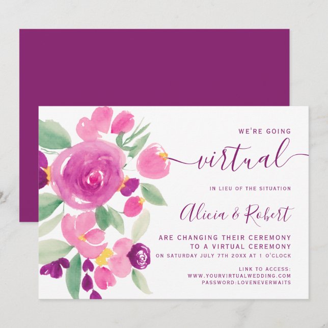 Modern plum purple watercolor virtual wedding invitation (Front/Back)