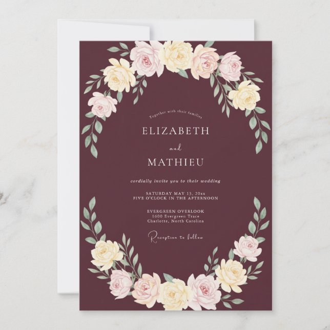 Modern Plum Ranunculus Wreath Wedding Invitation (Front)