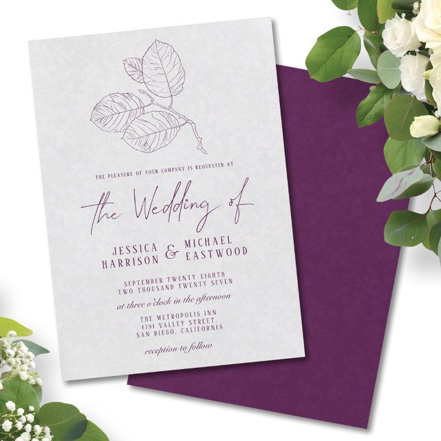 Modern Plum Silver Grey Botanical Elegant Wedding Invitation (Creator Uploaded)