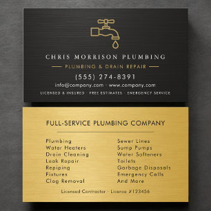 Modern Plumber Metallic Black & Gold Business Card