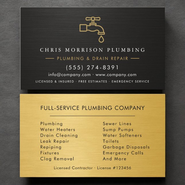 Modern Plumber Metallic Black & Gold Business Card (Creator Uploaded)