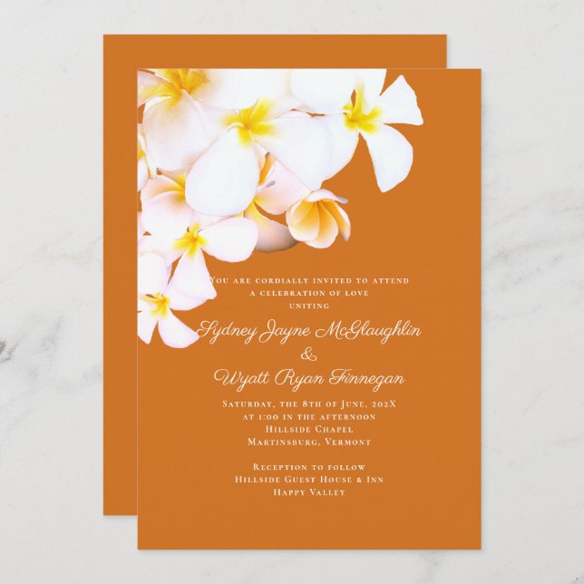 Modern Plumeria Hawaiian Flowers Orange Wedding Invitation (Front/Back)
