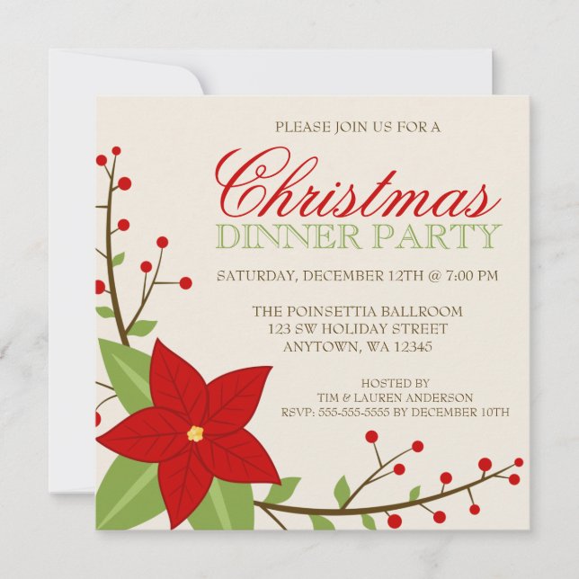 Modern Poinsettia Christmas Holiday Dinner Party Invitation (Front)