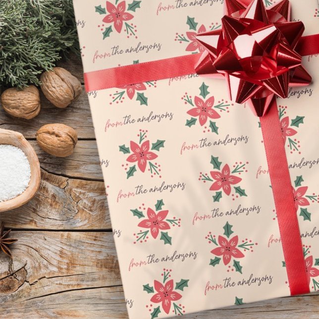 Modern Poinsettia Christmas Pattern Custom Name Wrapping Paper (Creator Uploaded)