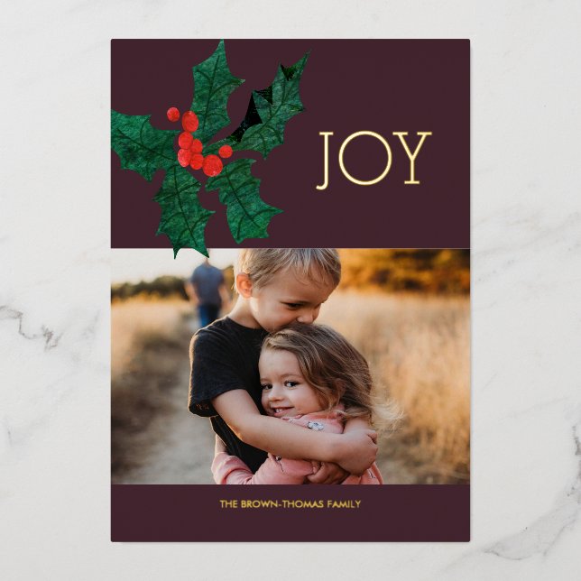 Modern Poinsettia Foil Christmas Photo Card (Front)