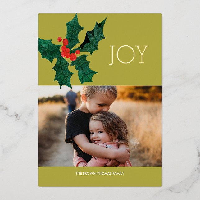 Modern Poinsettia Foil Christmas Photo Card (Front)