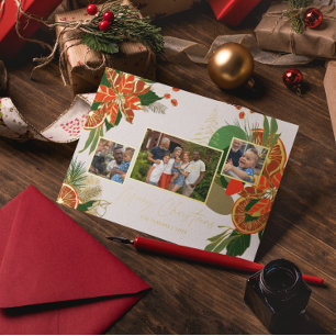Modern Poinsettia & Greenery Christmas Photo Foil Holiday Card
