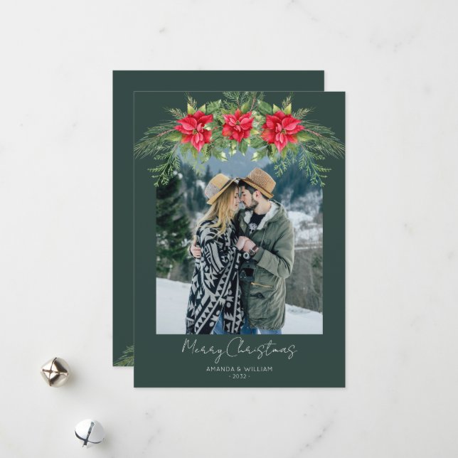 Modern Poinsettia Greenery Photo Holiday Card (Front/Back In Situ)
