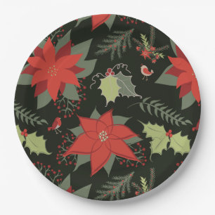 Modern Poinsettia Holly Christmas  Paper Plate