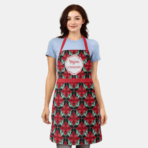 Modern Poinsettia pattern christmas chef black bg Apron