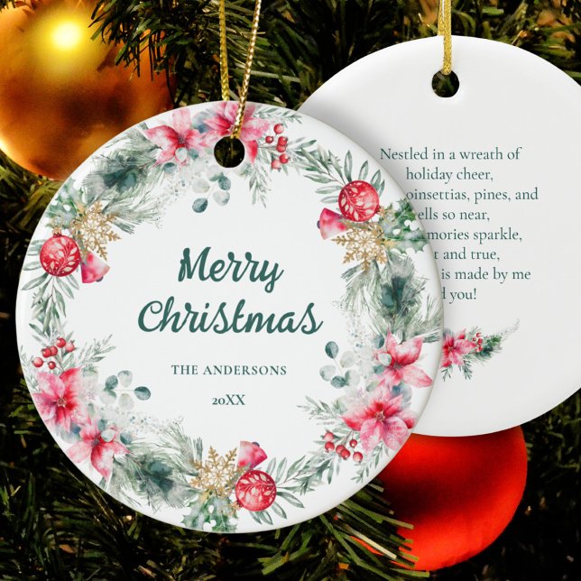 Modern Poinsettia Red Green Wreath Christmas Poem Ceramic Ornament (Creator Uploaded)