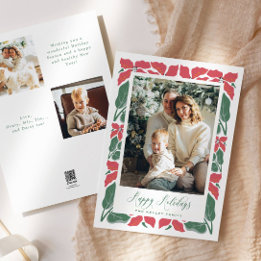 Modern Poinsettia Script Happy Holidays Photo Holiday Card