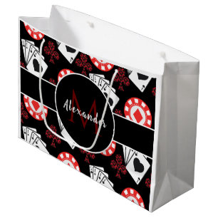 Modern Poker Theme Pattern Player Monogram & Name  Large Gift Bag