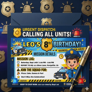 Modern Police Officer Calling All Units Birthday  Invitation