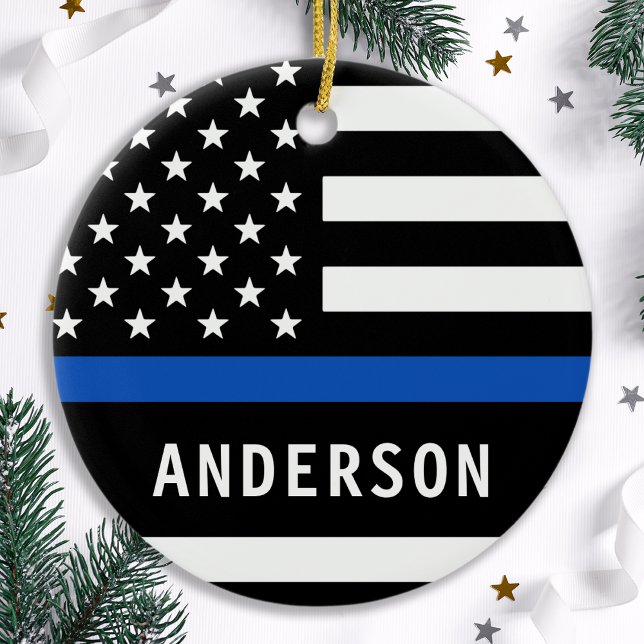 Modern Police Officer Personalized Thin Blue Line Ceramic Ornament (Creator Uploaded)