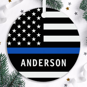 Modern Police Officer Personalized Thin Blue Line Metal Ornament