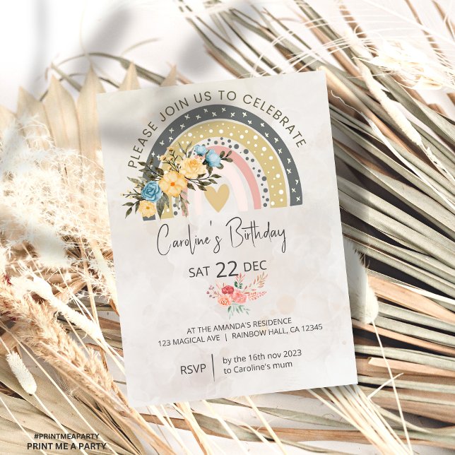Modern Pompas Grass Retro Rainbow Boho Birthday  Invitation (Creator Uploaded)