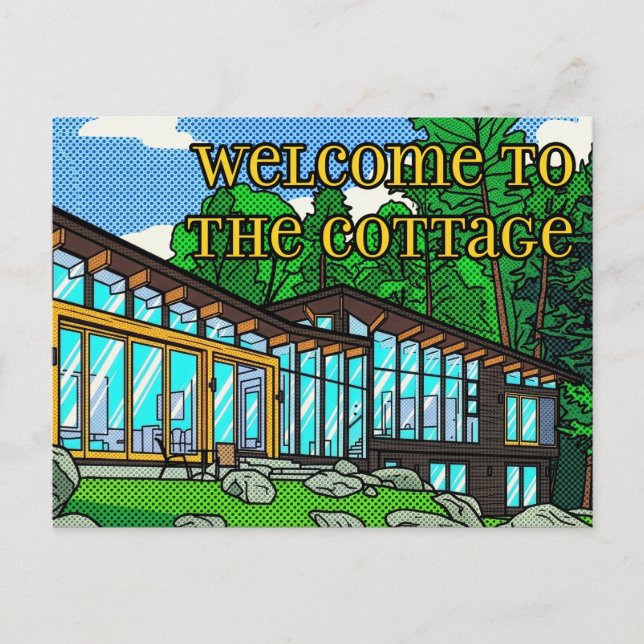 Modern Pop Art Forest Cabin Mid-Century Comic Postcard (Front)