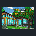 Modern Pop Art Forest Cabin Mid-Century Comic Poster<br><div class="desc">Modern architectural illustration features a contemporary cabin nestled in a lush forest. The design uses a vibrant pop art aesthetic characterized by bold outlines and a distinct halftone pattern. High-contrast colors of emerald green, azure blue, and golden yellow define the glass-fronted structure and surrounding woodland. The playful greeting text is...</div>