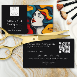 Modern Pop Art Retro Colorful Hair Makeup QR Logo Business Card