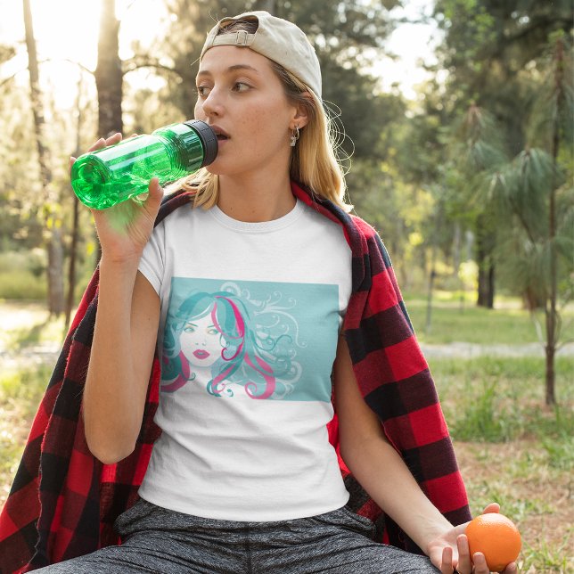 Modern Pop Art Woman Teal and Pink Swirl Hair  T-Shirt (Creator Uploaded)