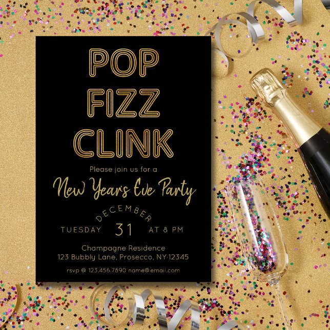 Modern Pop Fizz Clink New Year's Eve Party Invitation (Creator Uploaded)