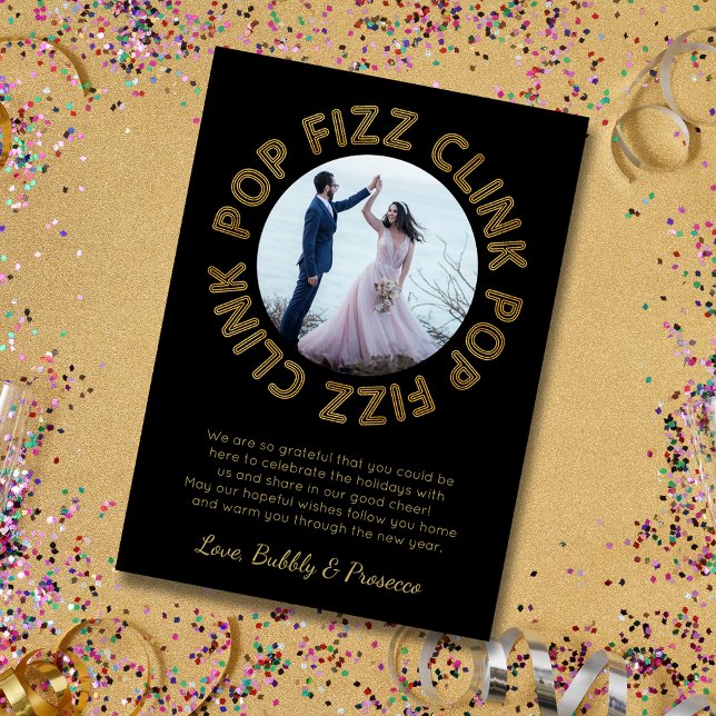 Modern Pop Fizz Clink Typography Happy New Year Foil Holiday Card (Creator Uploaded)