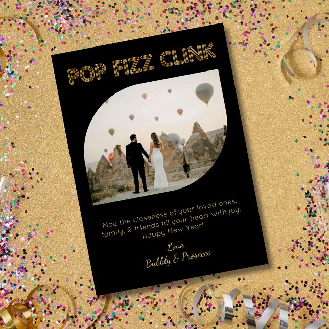Modern Pop Fizz Clink Typography Happy New Year Foil Holiday Card (Creator Uploaded)
