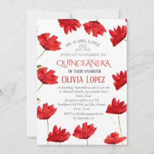 Modern Poppies Quinceañera Red Floral Birthday  Invitation