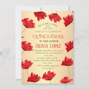 Modern Poppies Quinceañera Red Floral Birthday  Invitation