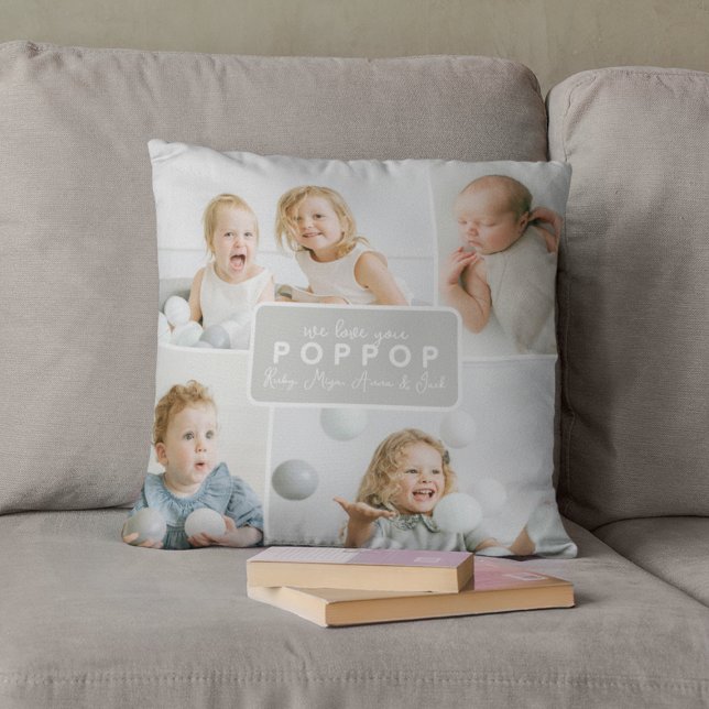 Modern Poppop 4 Photo Gray Throw Pillow (Creator Uploaded)