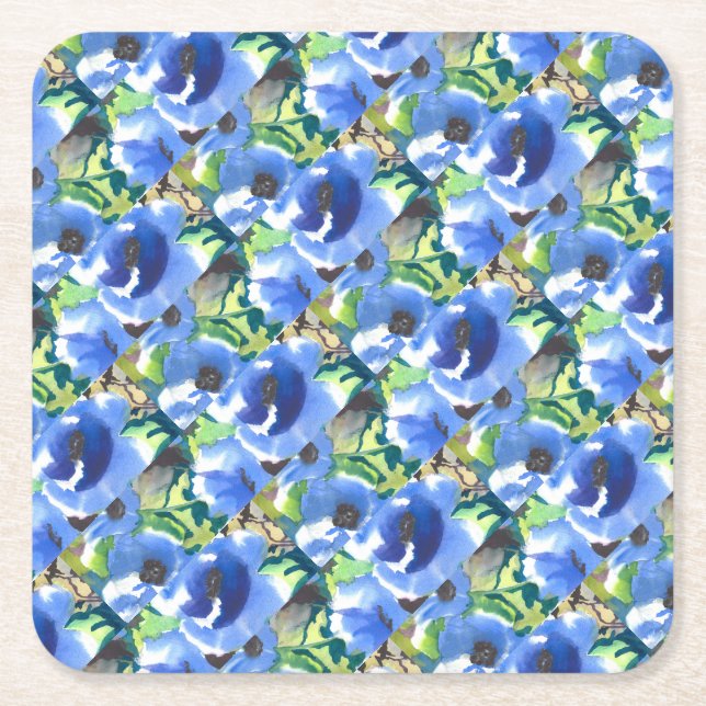 Modern Poppy Floral in Blue and Green Pattern  Square Paper Coaster (Front)